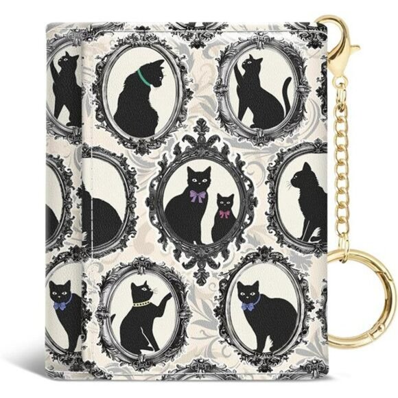 Black Cat Wallet Trifold RFID Blocking Slim PU Leather Keychain Card Holder - Picture 1 of 7